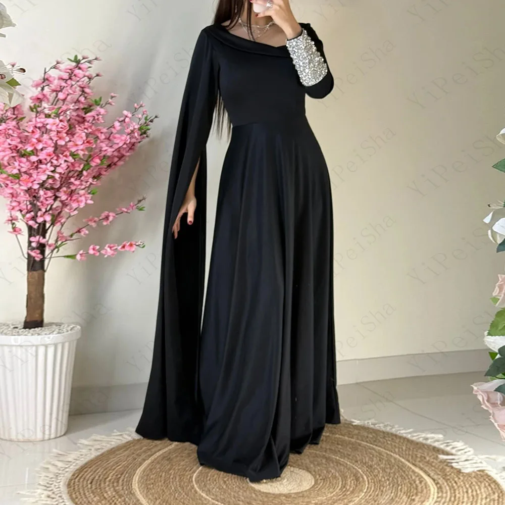 

Customized A-Line Prom Dresses Floor-Length V-Neck Full Sleeve Evening Gown Fashion Crystal Sequined Simple Draped PartY Gown
