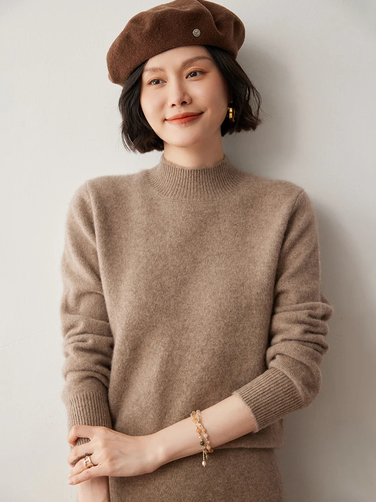 

Новинка 2025: Женский свитер из 100% кашемира с воротником-стойкой, длинными рукавами, пуловер, осенне-зимний вязаный джемпер, теплая повседневная одежда, топы