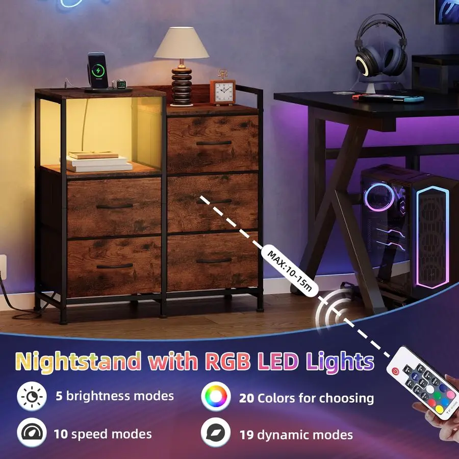 منضدة مع قاعدة شحن وإضاءة LED، خزانة واسعة ذات 5 أدراج لغرفة النوم مع صناديق قماش ورف مفتوح لغرفة النوم K