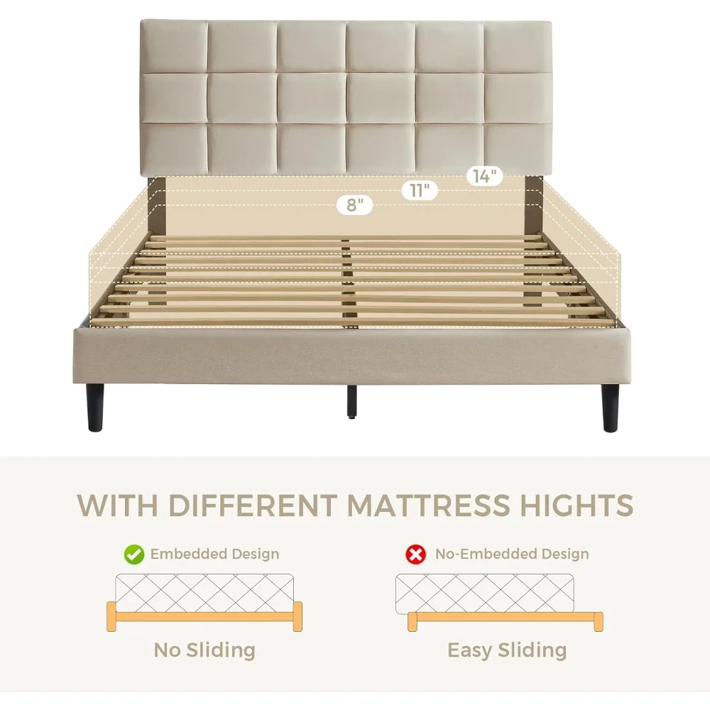 Cabeceira estofada de linho, estrutura de cama de tamanho completo com suporte de ripas de madeira para fácil montagem e sono silencioso