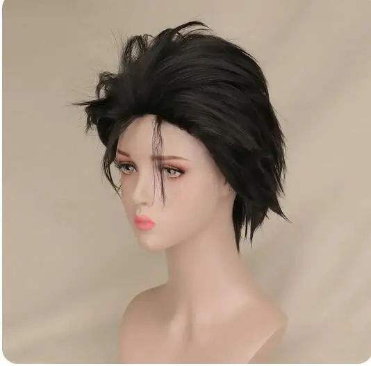 Wig Cosplay pendek Pria, rambut palsu sintetik serat suhu 100% tinggi hitam