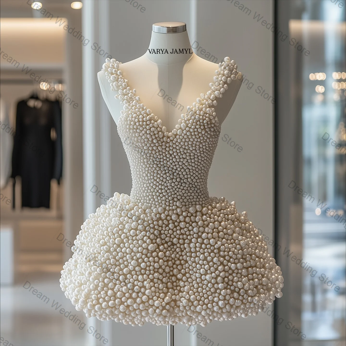 

Luxury Pearls Women Prom Dress Sexy Sleeveless Formal Banquet Short Skirt Customized Guest Wedding Bridal Gown(Back NO Pearl)