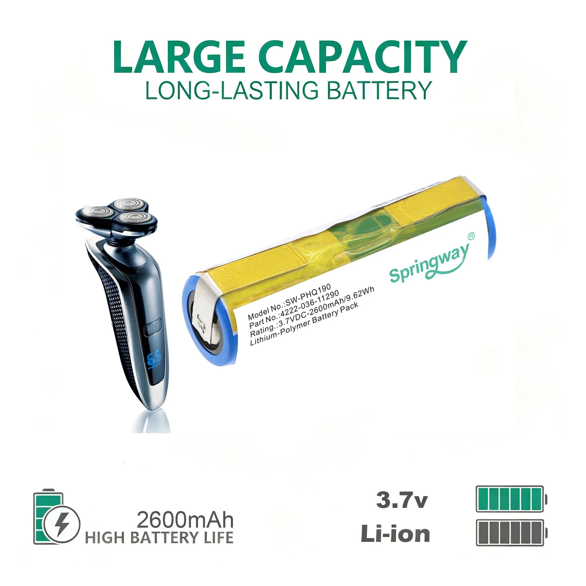 2600mAh Li-Polymer Replacement Battery Part 036-11290 Fits Philips Norelco Shaver & HX Electric Toothbrush Repair Pack
