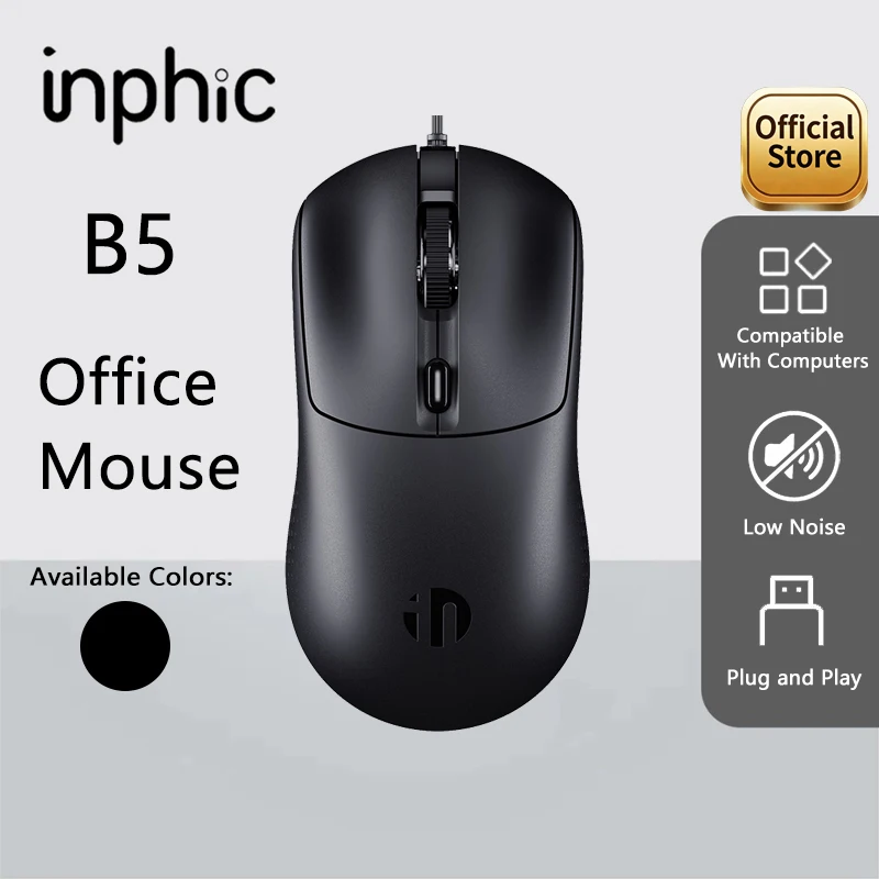 INPHIC B5 Wired USB Mouse Ergonomic  4 Buttons 3‑Level DPI Adjustable Computer Optical Mice for Office Gaming Laptop Desktop PC