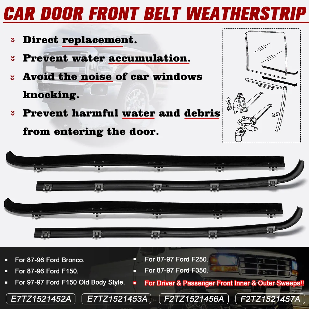 4 PC Kit Rubber Felt Front Door Window Sweep Trim Seals Car Belt Weatherstrip Dew Wipe Set For 87-97 Ford Bronco F150 F250 F350