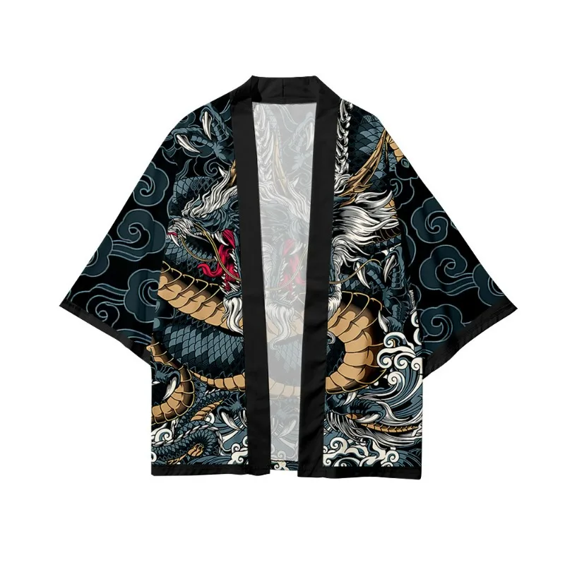 

Men Dragon Japanese Kimono Cover up Blouse Chinese Style Japanese Robes Summer Lightweight Cardigan Loose Feather Knitting Coat