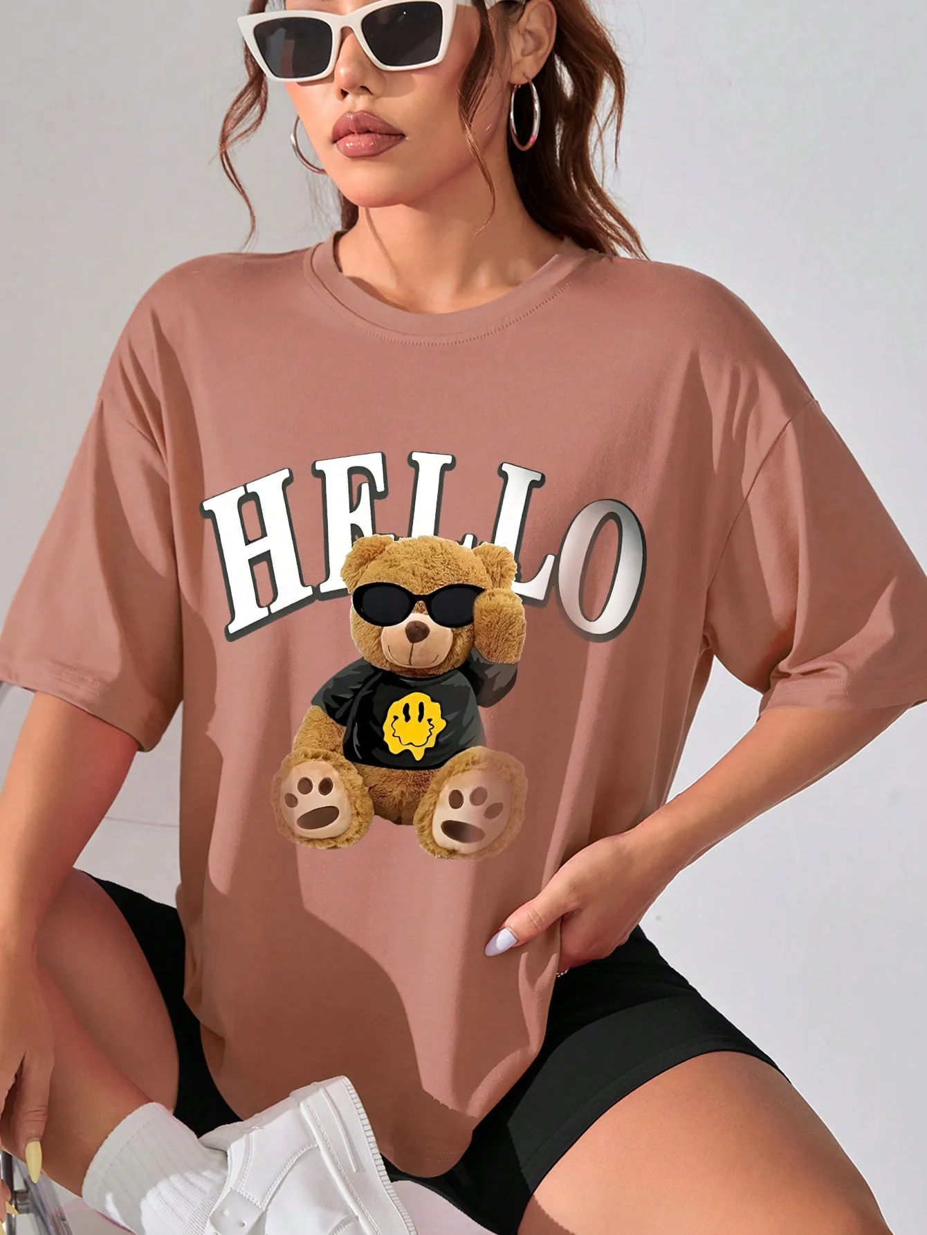 Summer women\'s fashion versatile casual drop shoulder short-sleeved T-shirt with cute letters and bear print loose top 2024 New