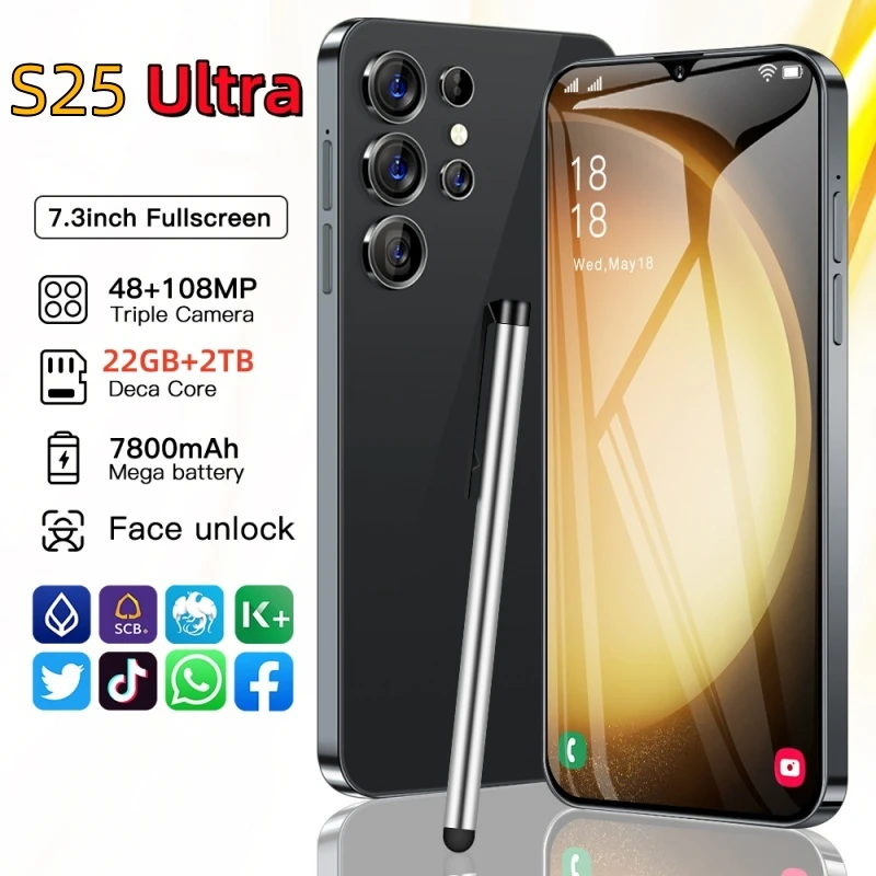 

S25 Ultra Mobile Phones 7.3 HD Screen SmartPhone Original 22GB+2T 5G Dual Sim Celulares Android Unlocked 108MP 7800mAh S24 Ultra