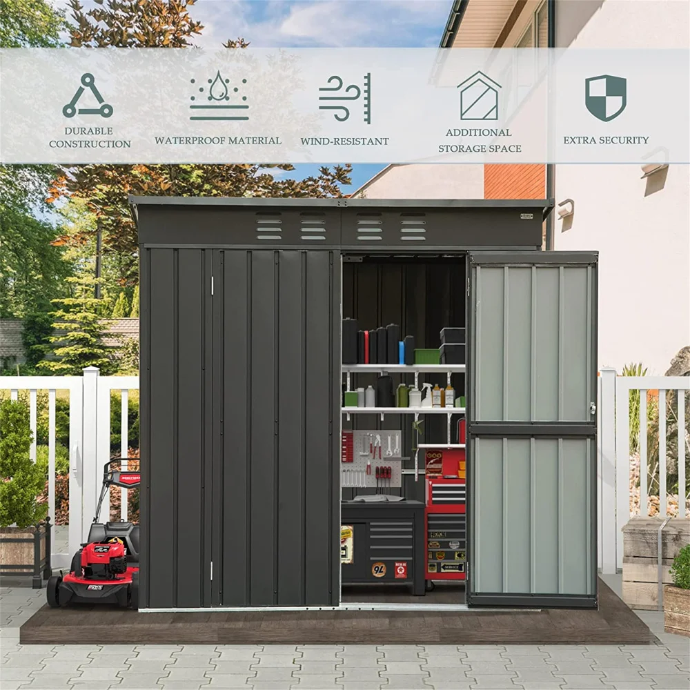 Backyard Storage Shed with Sloping Roof Galvanized Steel Frame Outdoor Garden Shed Metal Utility Tool Storage Room with Latches and Lockable Door (6x4ft, Dark Gray)