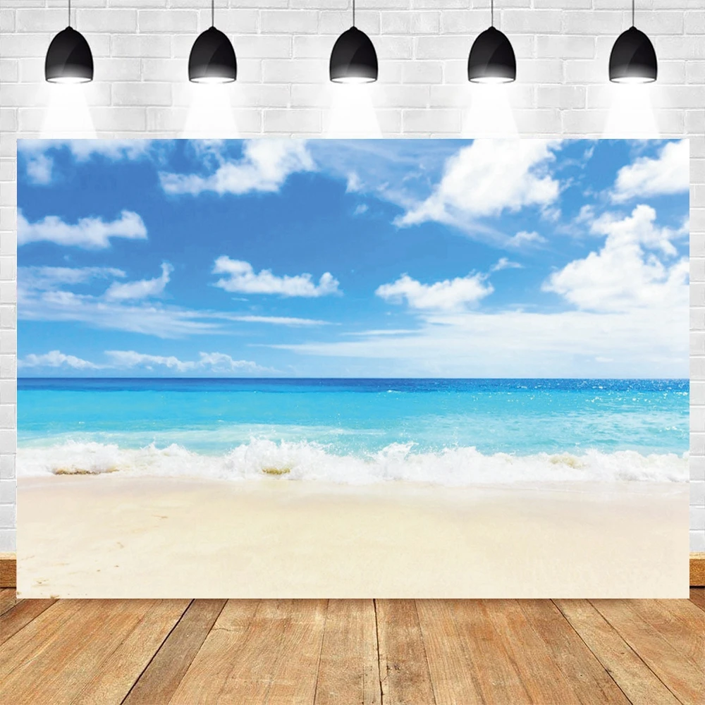 Sunset Beach Waves Backdrop for Photography Summer Holiday Ocean Seaside Blue Sky White Cloud Sand Photocall Photo Background