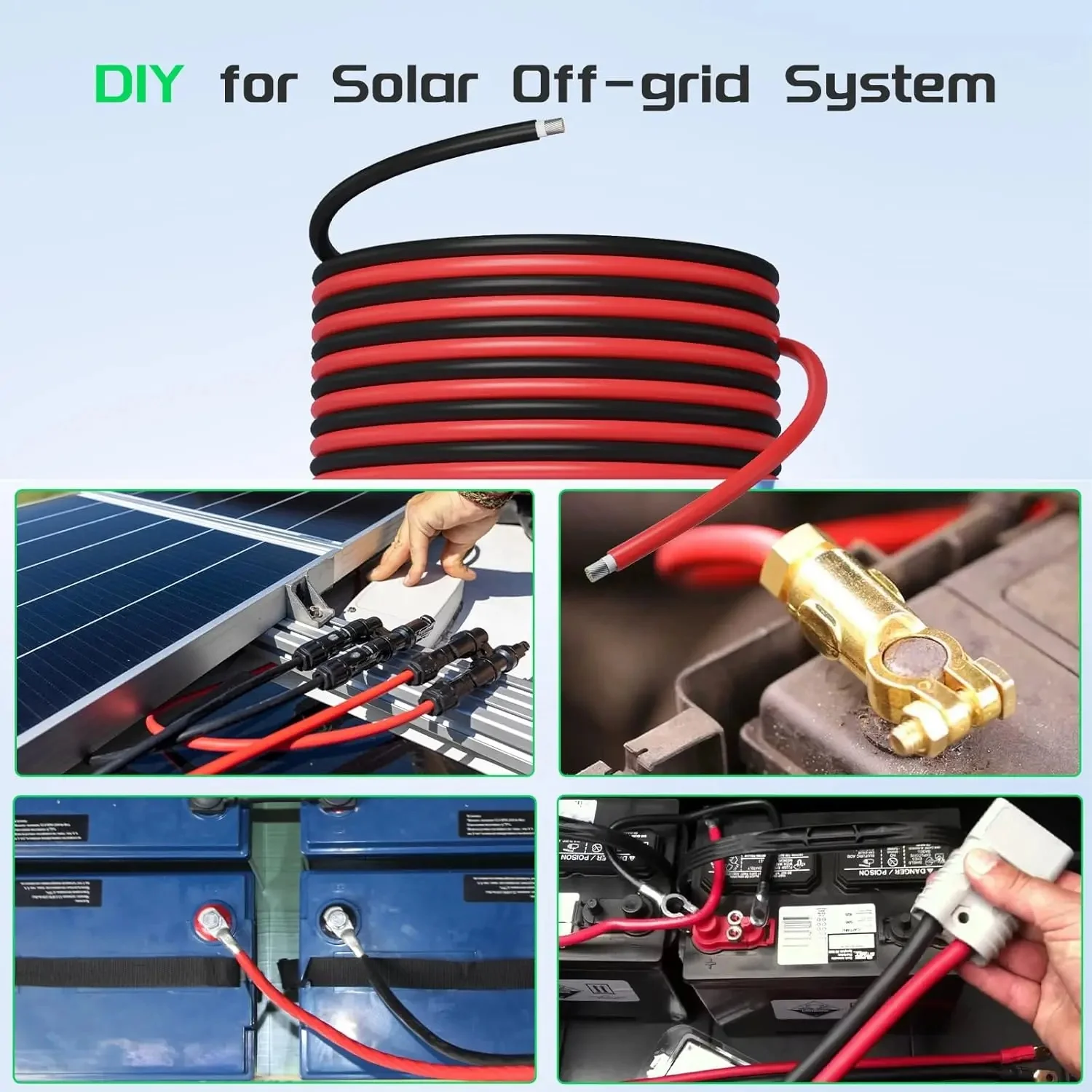 PowMr US Stock 25mm² Battery Cable 0.6m Red Black With 4*5/16in Terminals For Solar RV Inverter Battery Connection