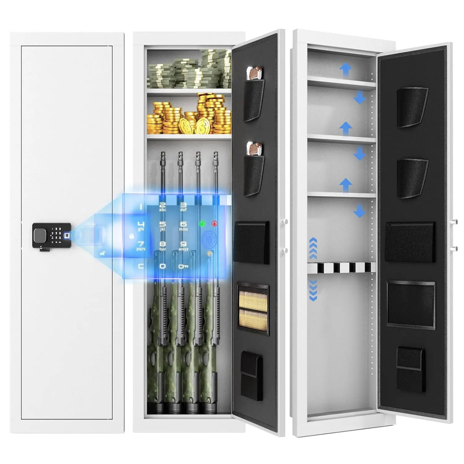 

Настенный сейф для оружия 53 дюйма, сейфы для ружей и пистолетов с регулируемой полкой, сейф на 4 ружья с 3 съемными полками, на заказ