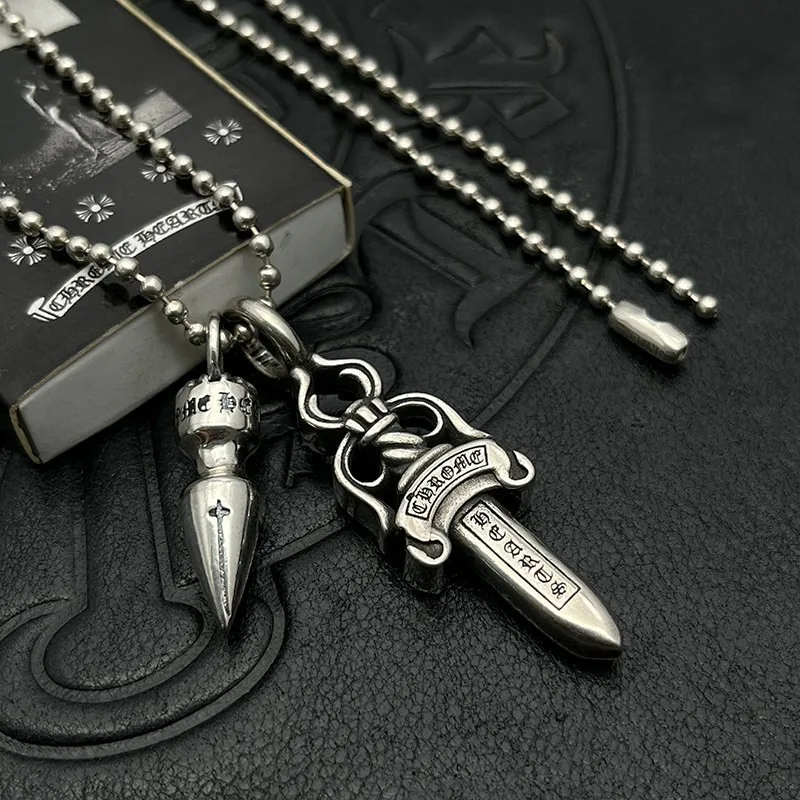 

Jewelry Sword Bullet Double Pendant Necklace Thai Silver Retro Premium Autumn and Winter Sweater Chain Niche
