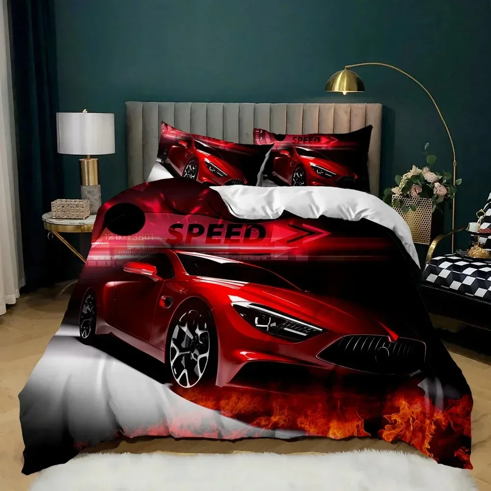 Race Car Bedding Set Twin Size Burning Red Flame Duvet Cover Set 3D Sports Car Comforter Cover King Polyester Quilt Cover