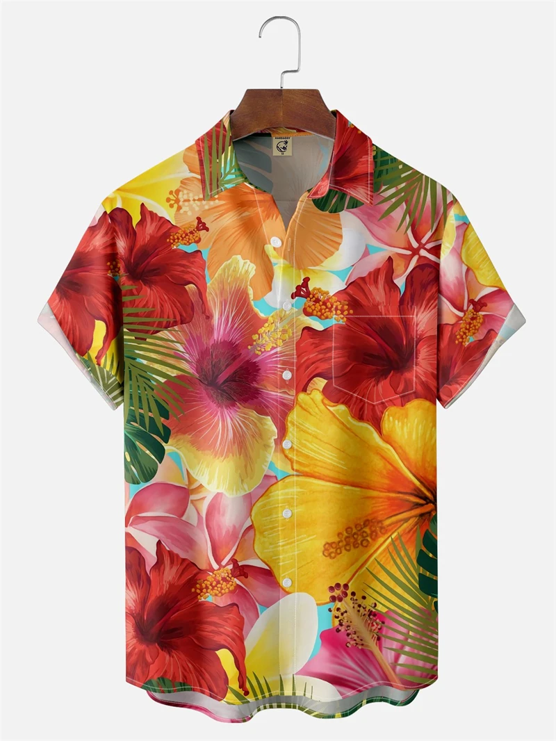 Nieuwe Seaside Hawaiiaanse Stijl Heren Shirt 3D Print Bloemen Shirt Zomer Casual Vrouwen Korte Mouwen Blouse Knop Revers Heren tops