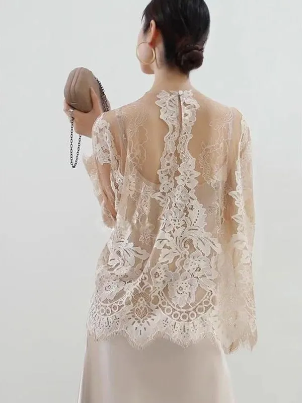 Elegant Long Sleeve Lace Shirt Women's Romantical Hollow out Top Sexy Cover up Soft And Elegant Atmosphere Shirt