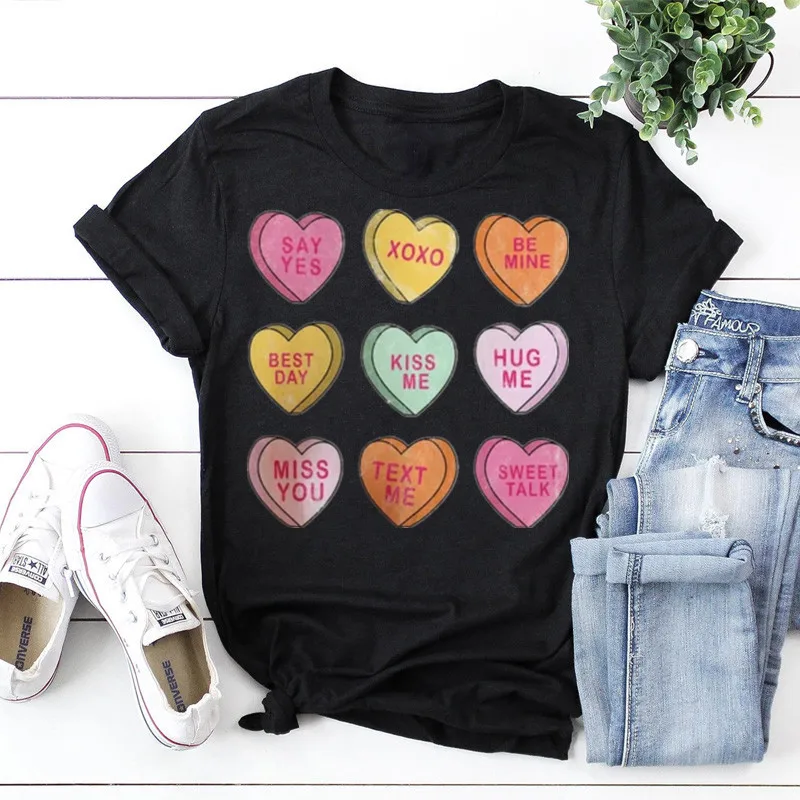 Valentines Conversation Hearts Valentines Groovy Retro Trendy womens V day Sublimation Short Sleeve Top Tees O Neck harajuku