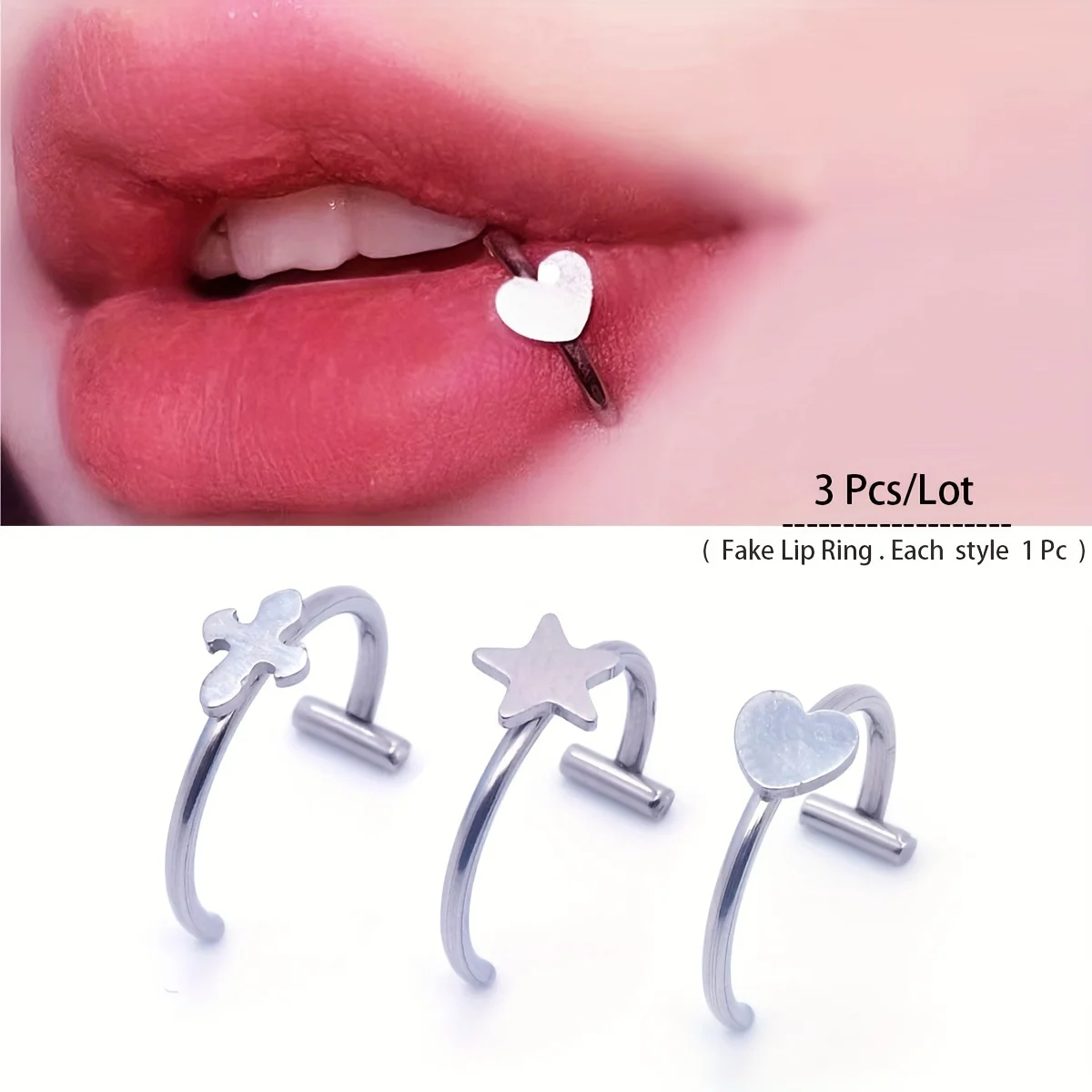 3pc/set Stars Love Heart Cross Smooth Round Head Anti-Allergy Stainless Steel Lip Ring Fake Piercing Body Jewelry Gift