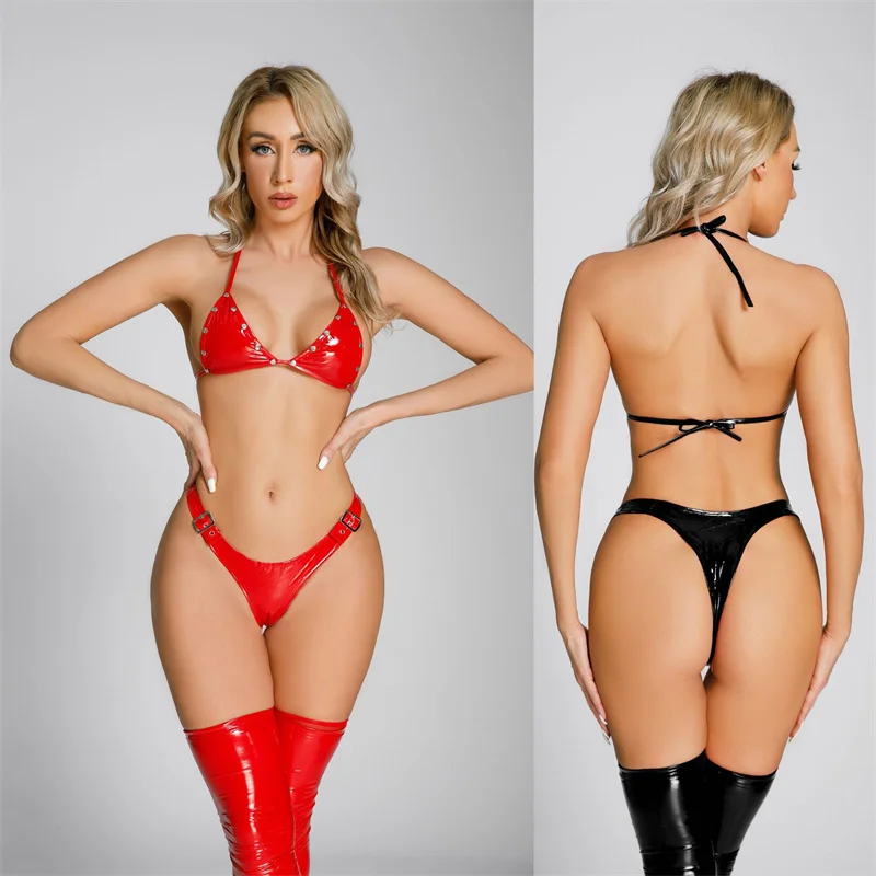 2PCS/SET Wet Lool PVC Bikini Set + Stockings Shiny PU Leather Cosplay Outfit Swimsuit Tights Sexy Clubwear Body Lingerie Thongs