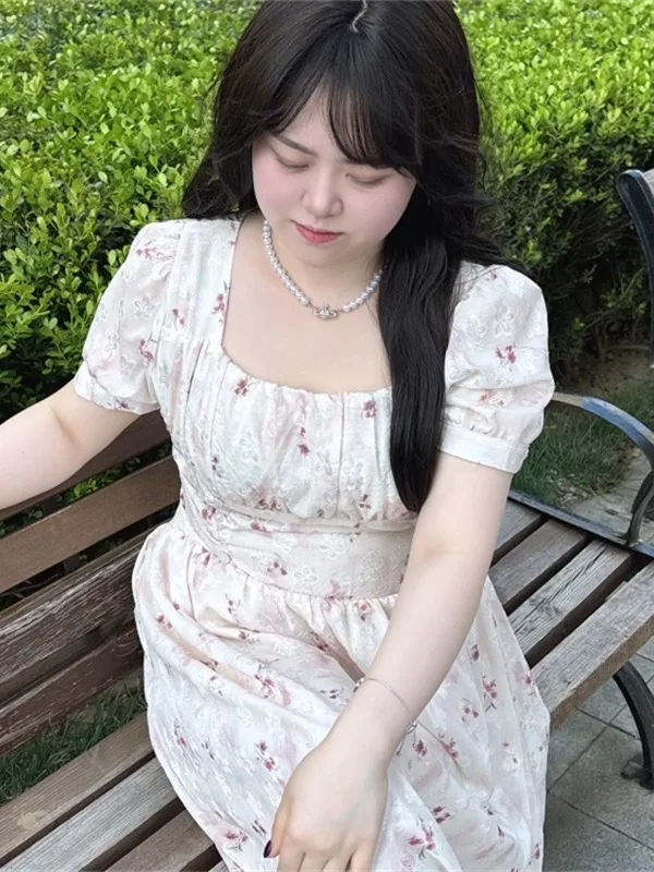 

Summer New plus Size Dress Gentle Court Style Slimming Waist Design Vintage Commute Style A-Line Skirt Umbrella Skirt