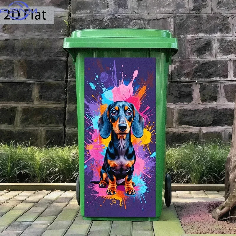 1pc Colorful Ink Dachshund Trash Can Sticker | 37x82 cm Self-adhesive Wall Decal for Kitchen Trash Bins and Home Decor