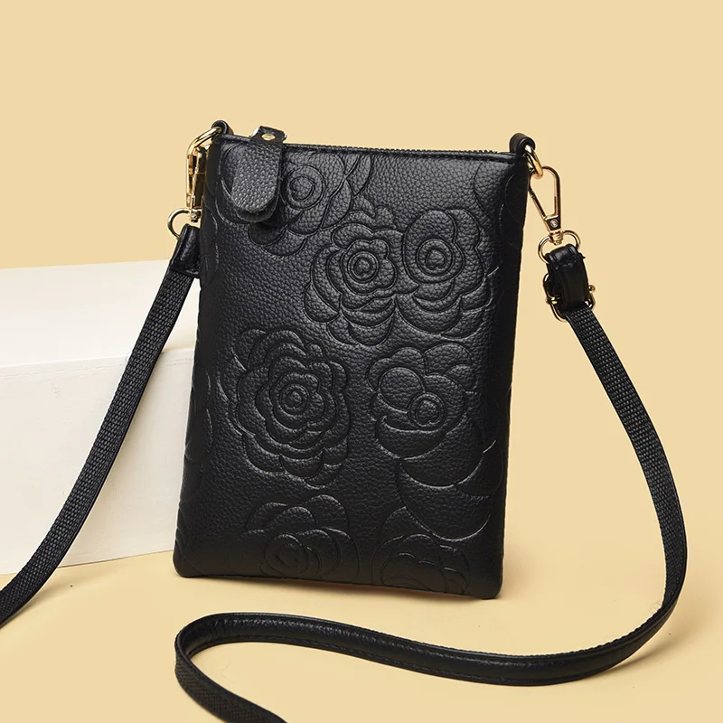 Emboss Rose Flower Women Shoulder Bags Crossbody Bag Premium Genuine Leather Vertical Style Female Mobile Pouches Bags