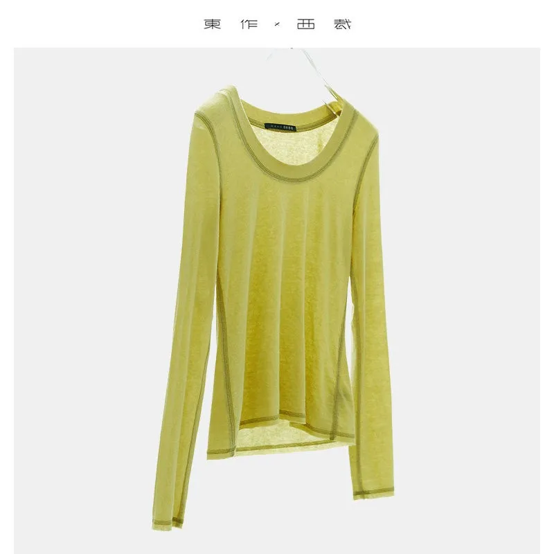 Wool Blend Slim Fit Long Sleeve Tee Women Bronze Green Emerald Green