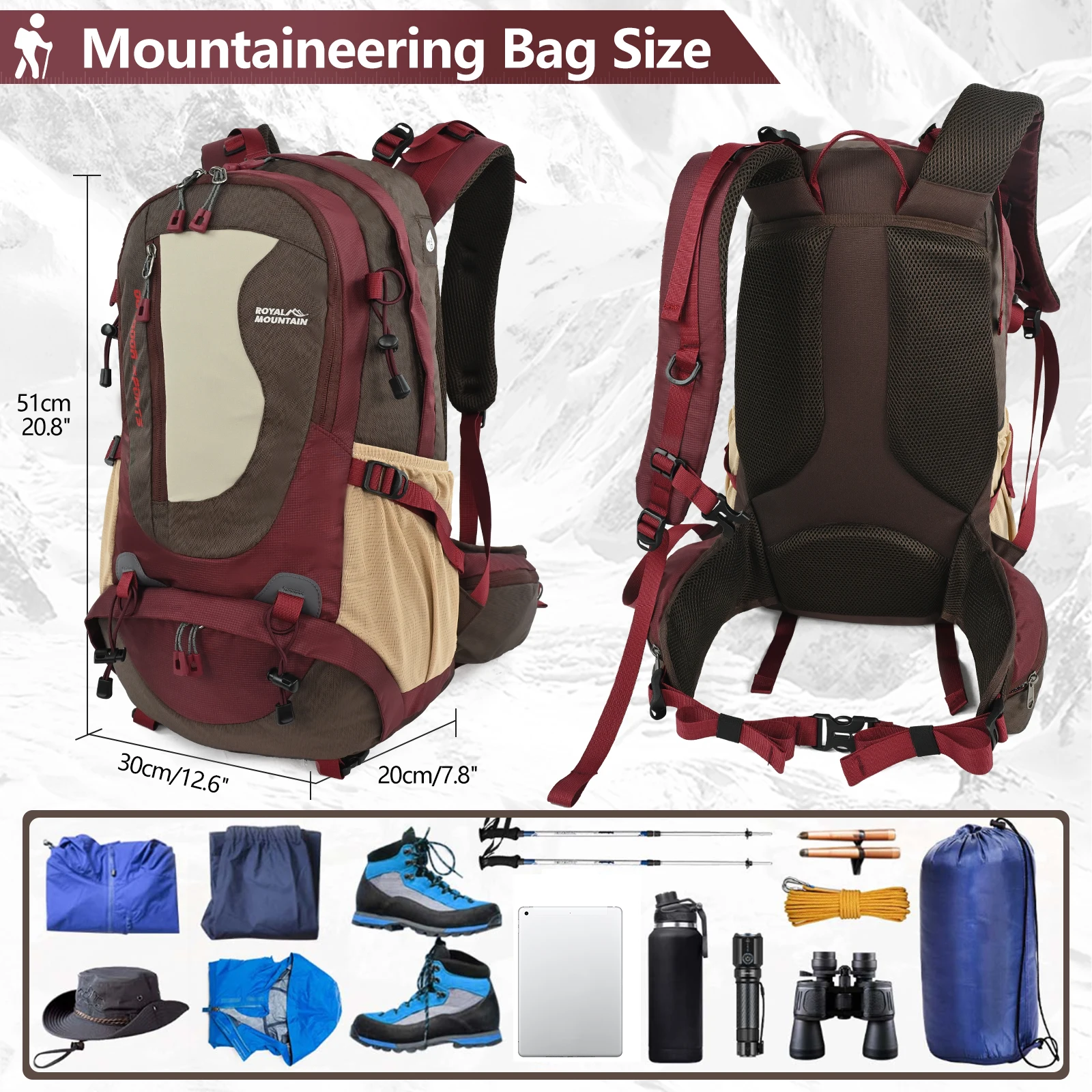 Mochila ROYAL MOUNTAIN 35L para Caminhada e Uso Casual, Compartimento para Calçados, Múltiplos Bolsos, Pochete, Fivela de Peito, Tecido Resistente à Água