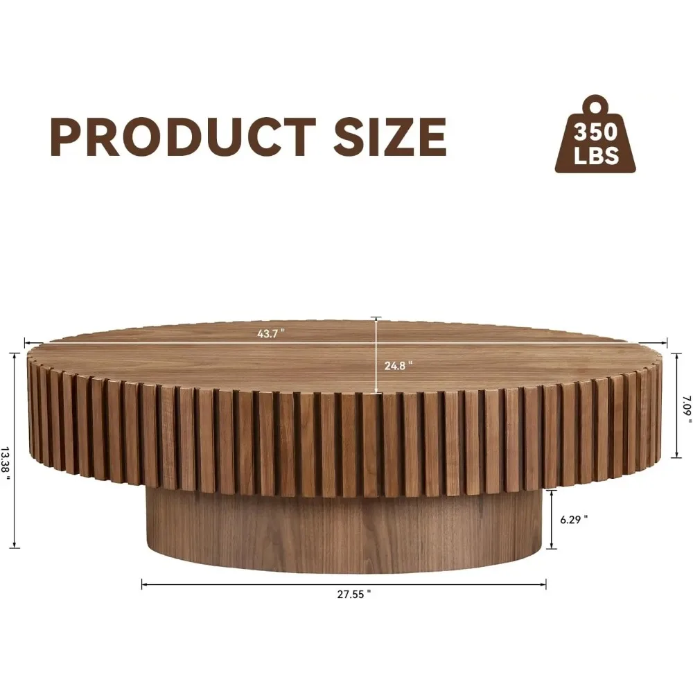 43.7''Oval Drum Coffee Table Handcrafted Relief Sturdy Pedestal Wooden Olive-Shaped Tea Table, 24.8