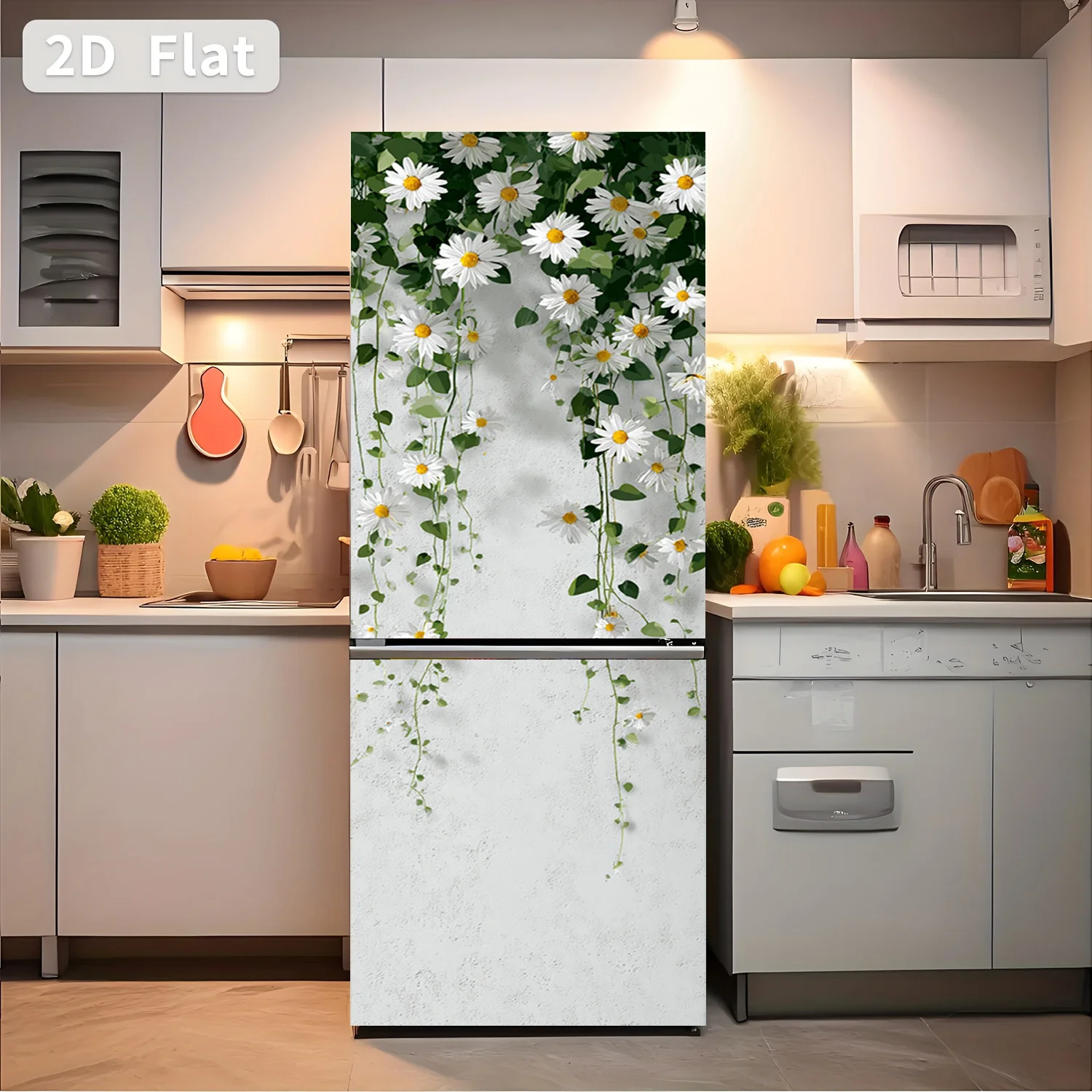 of  Printed Refrigerator Sticker,, Featuring a Daisy Hanging Design. Self-Adhesive Wall Decoration Suitable for Cabinets And W
