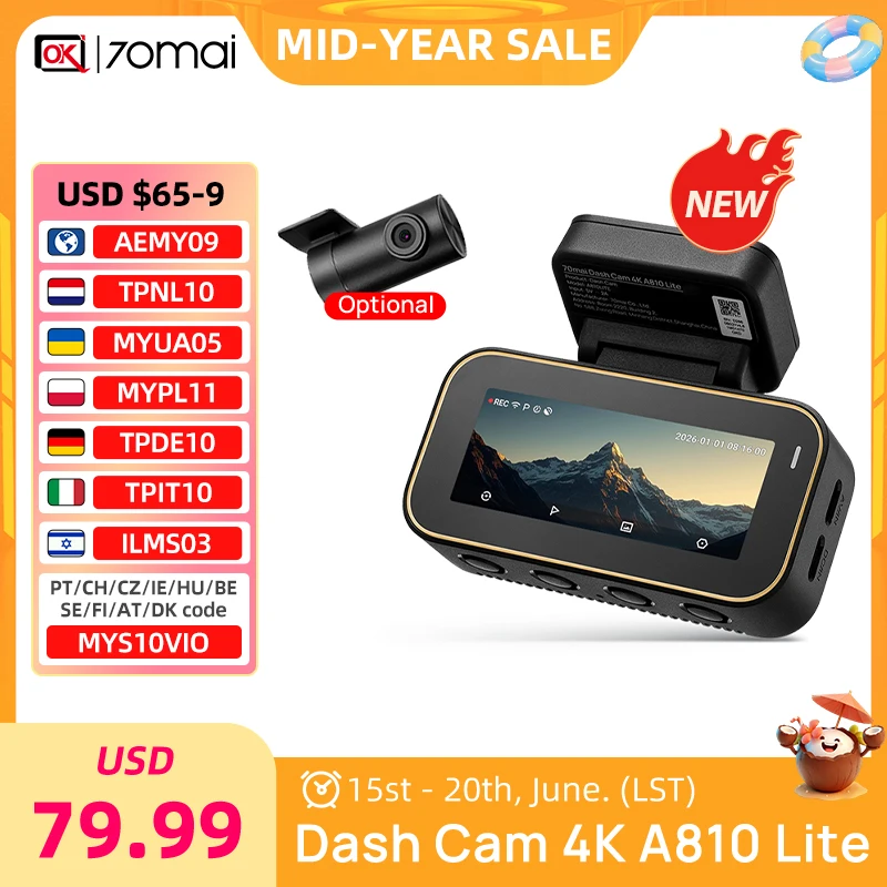 70mai A810Lite 4K Dash Cam 24/7 Parking 4G