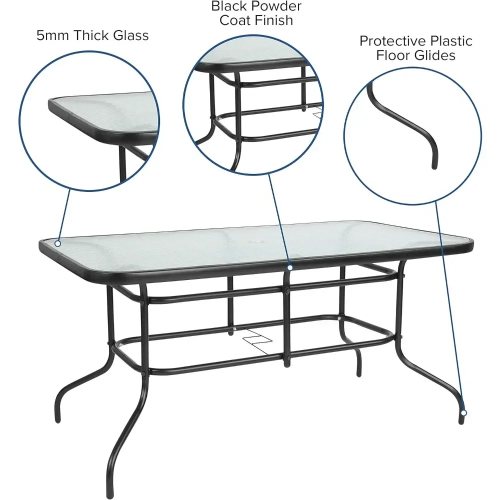 7-Piece Glass Patio Table And Chairs Set, Outdoor Patio Dining With Rectangular Table And 6 Slat Back Chairs, Patios Furniture