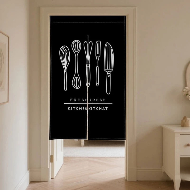 VIKAMA Modern Minimalist Black And White Kitchenware Printed Door Curtains Kitchen Dining Room Partition Curtains Home Decor
