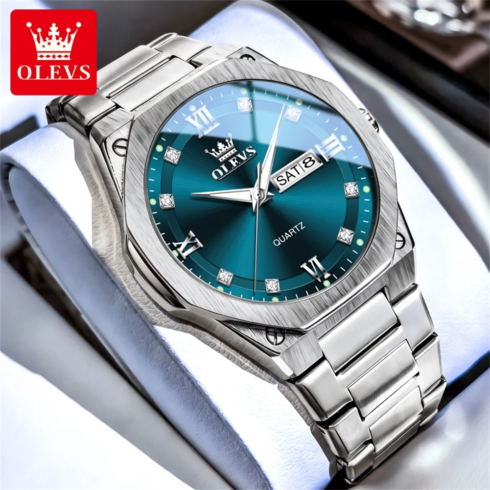 OLEVS Men's Watches Classic Luxury Fine Steel Original Quartz Wristwatch for Man Waterproof Luminous Date Week Octagonal Dial