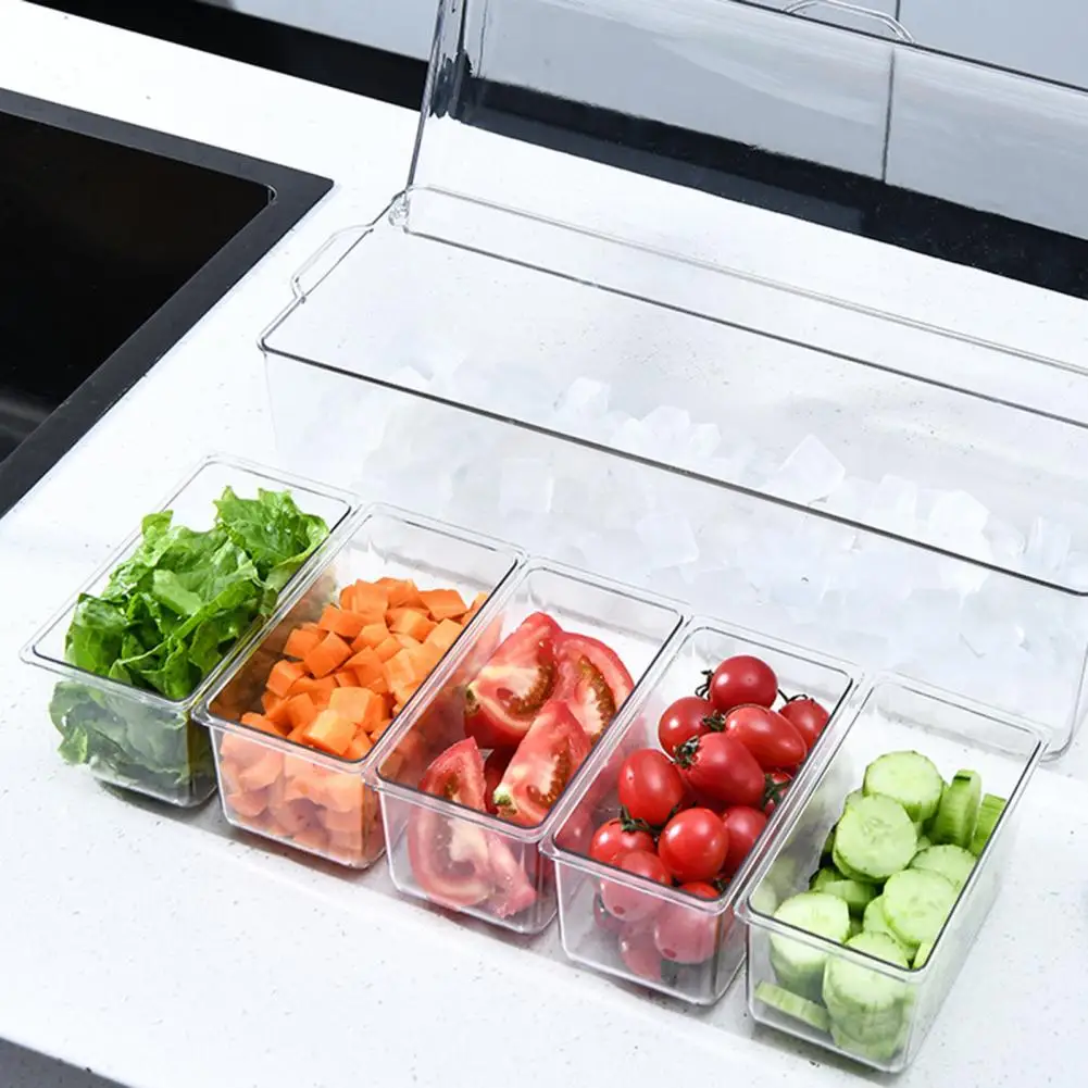 Fruit Compartment Box Fridge Fruit Box with Ice Storage Space Transparent Lid 5 Compartment Salad Container for Vegetable