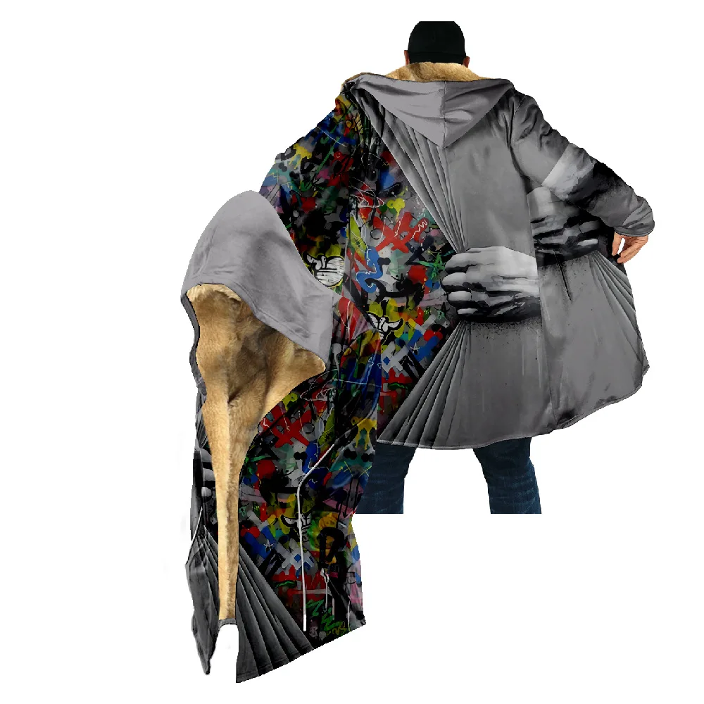 

Ветровка с капюшоном, плащ с принтом граффити в стиле хип-хоп, флисовая зимняя одежда унисекс для дома, повседневное плотное пальто, теплая Женская и мужская одежда