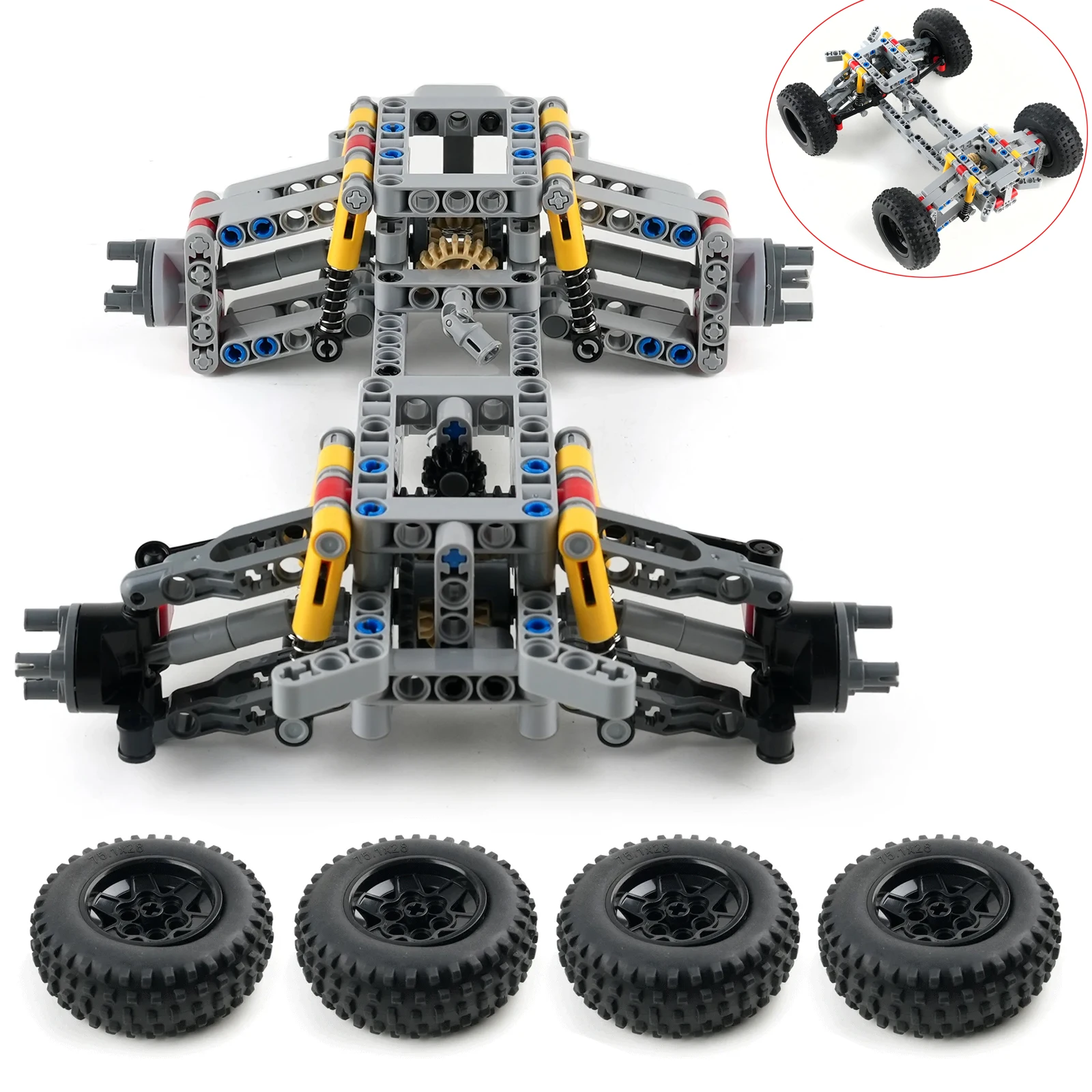 MOC 4WD Four-Wheel Drive Independent Suspension Differential Chassis with Steering Axle Building Blocks Tech Car Parts Toys