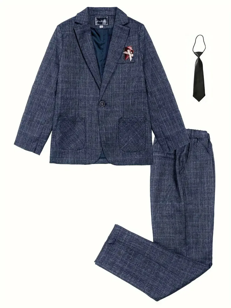 

Boys Formal Jacket Pants Tie Brooch 4Pieces Wedding Dress Kids Piano Host Performance Costume Children's Birthay Blazer Suit