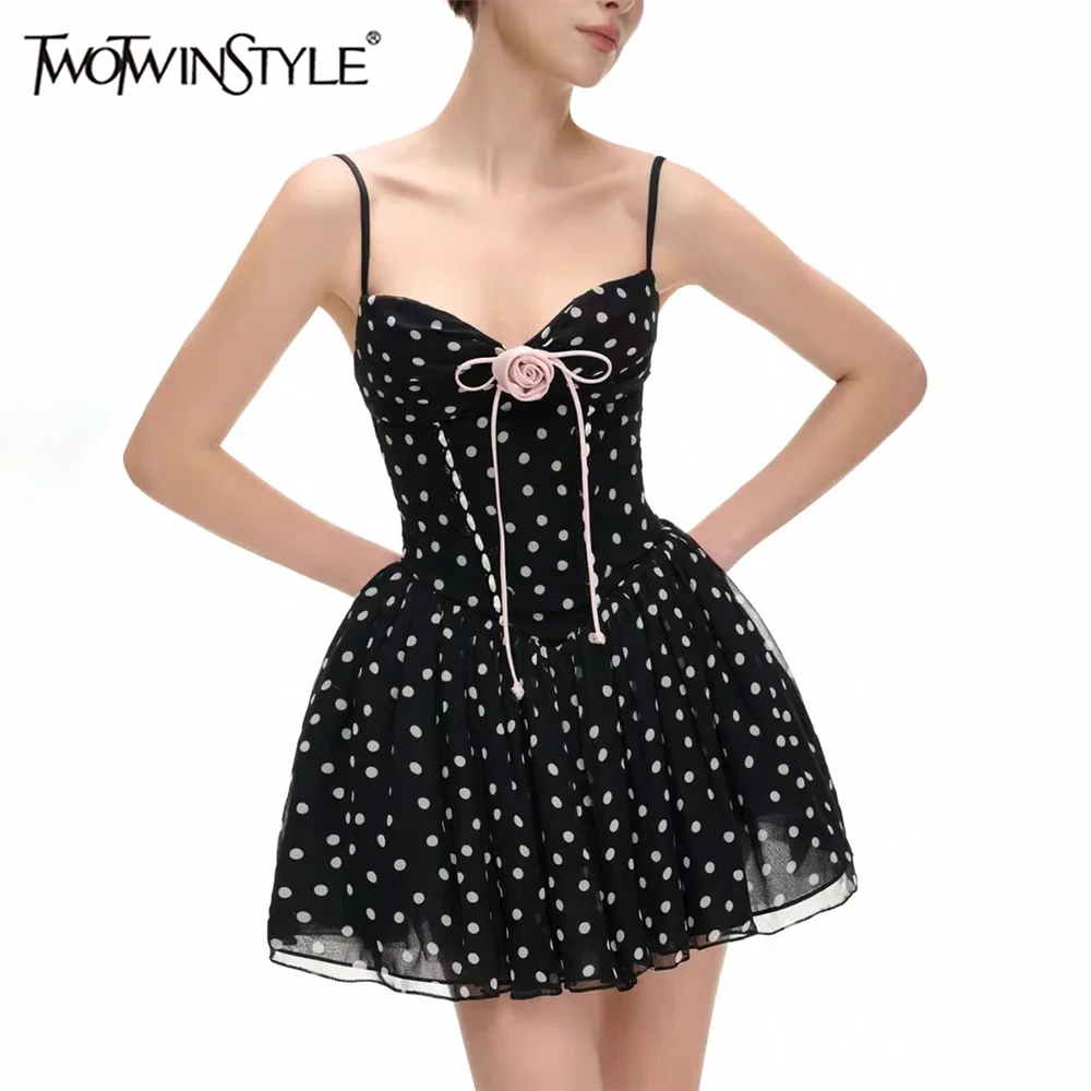 

TWOTWINSTYLE Hotsweet Spliced Bow Puff Dress for Women V Neck Sleeveless Patchwork Dot Printing Birthday Party Dresses Female