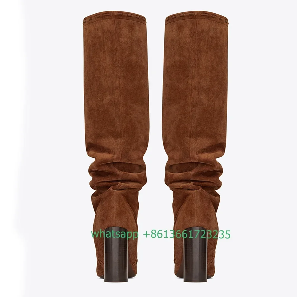 Women Black Brown Pointed Toe Boots Tassel Large Size Pleated Chunky High Heel Boots Suede Slip On Women Winter Over Knee Boots