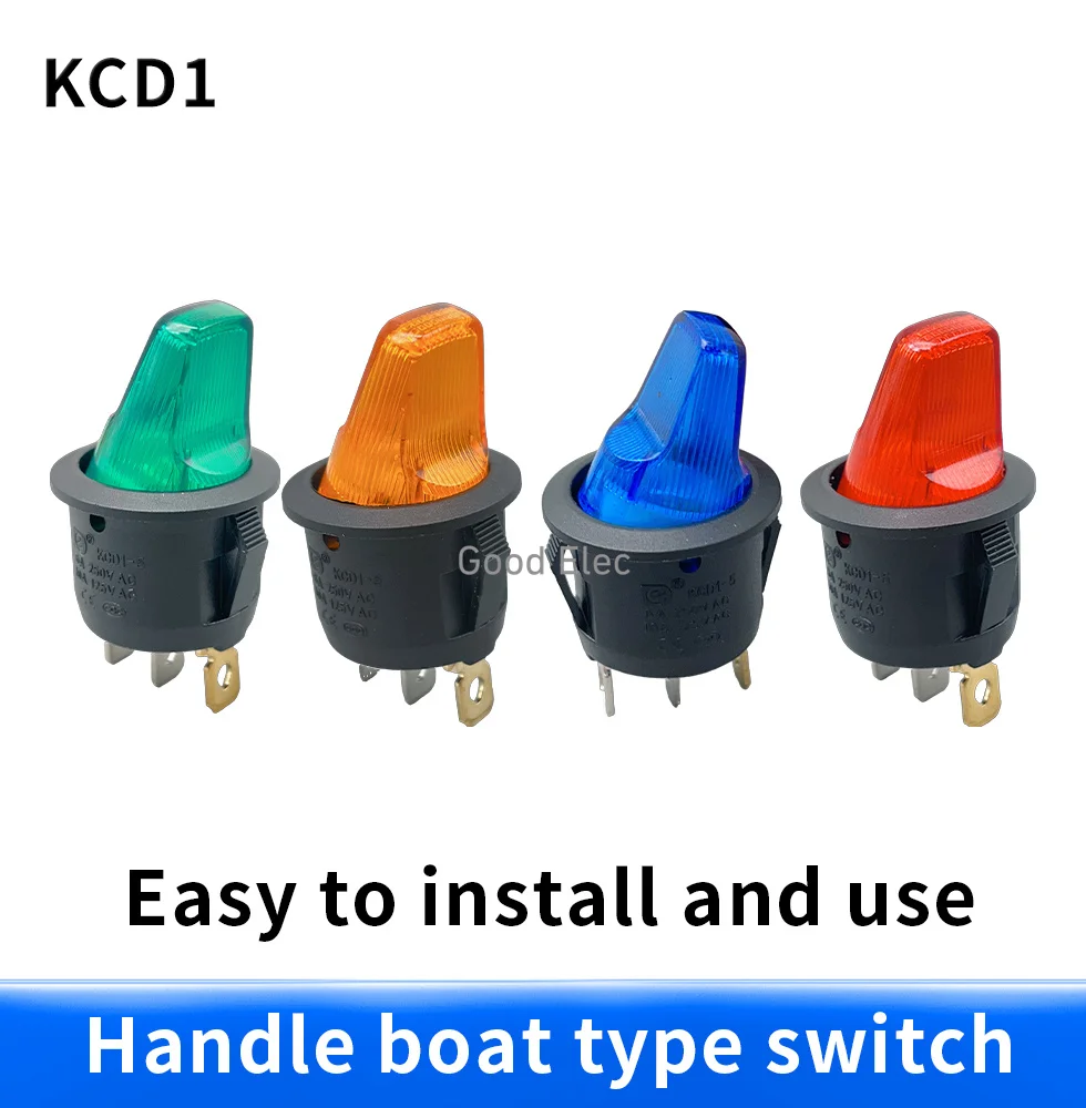 4pcs KCD1 handle circular boat shaped switch Handle 3-pin 2-speed boat shaped switch 20MM with light switch 12V/220V KCD1