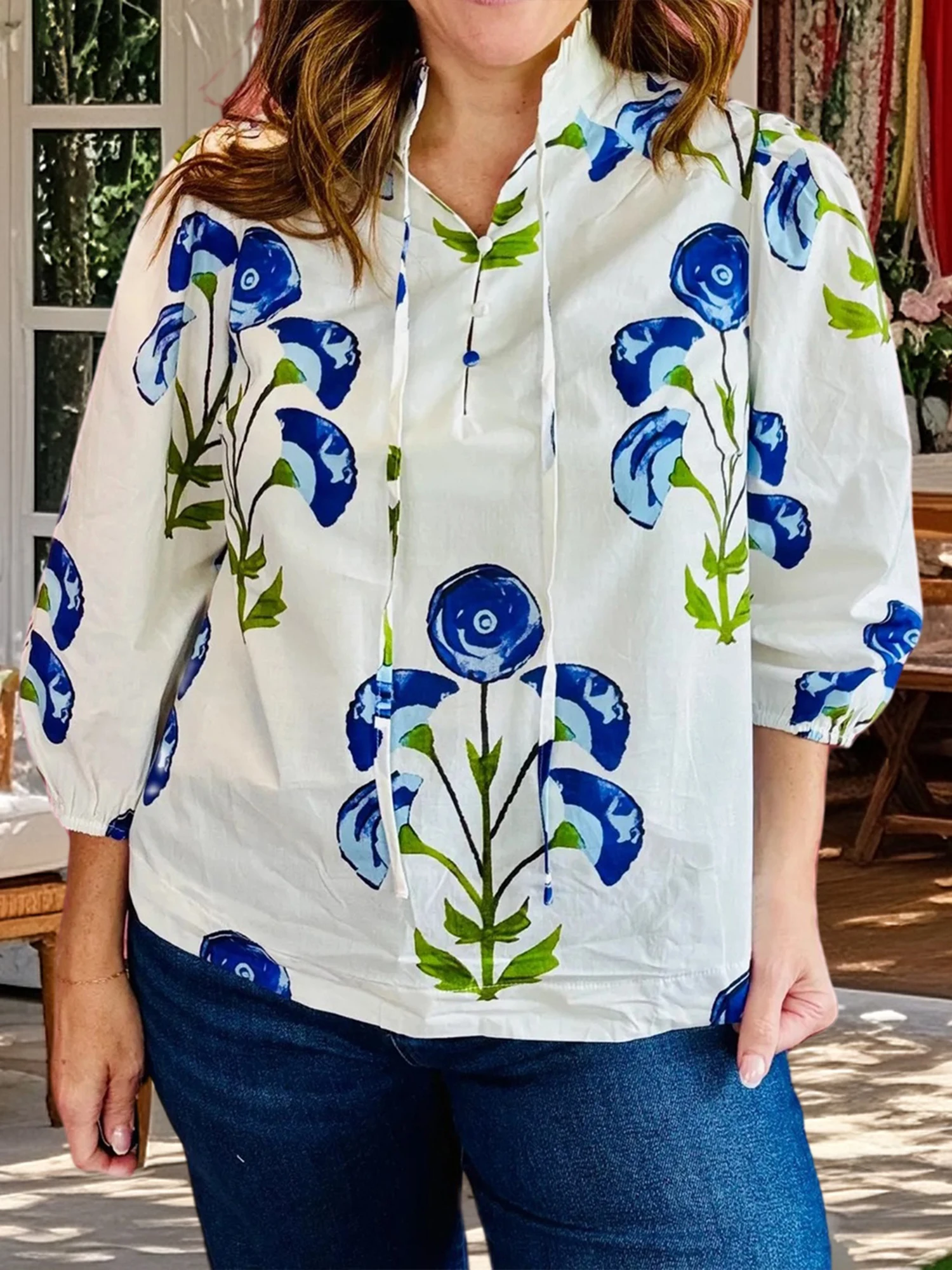 

Women s Elegant Floral Print Ruffle High Neck Flowy 3 4 Sleeve Blouse - Stylish and Versatile Loose Fit Top