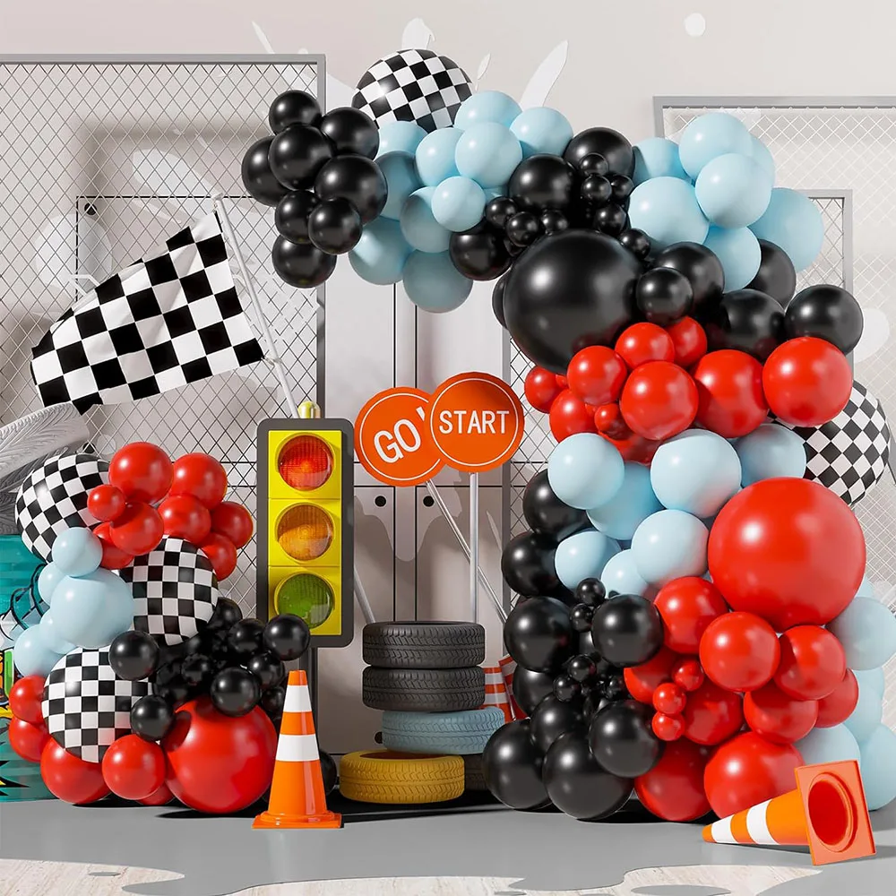 152-teiliges Racing-Ballon-Set mit gewölbten Girlanden, 1812105   Zoll-Ballon in Schwarz, Rot und Hellblau mit karierter Flagge, Aluminiumfolienballon, zwei schnelle Geburtstagsdekorationen für