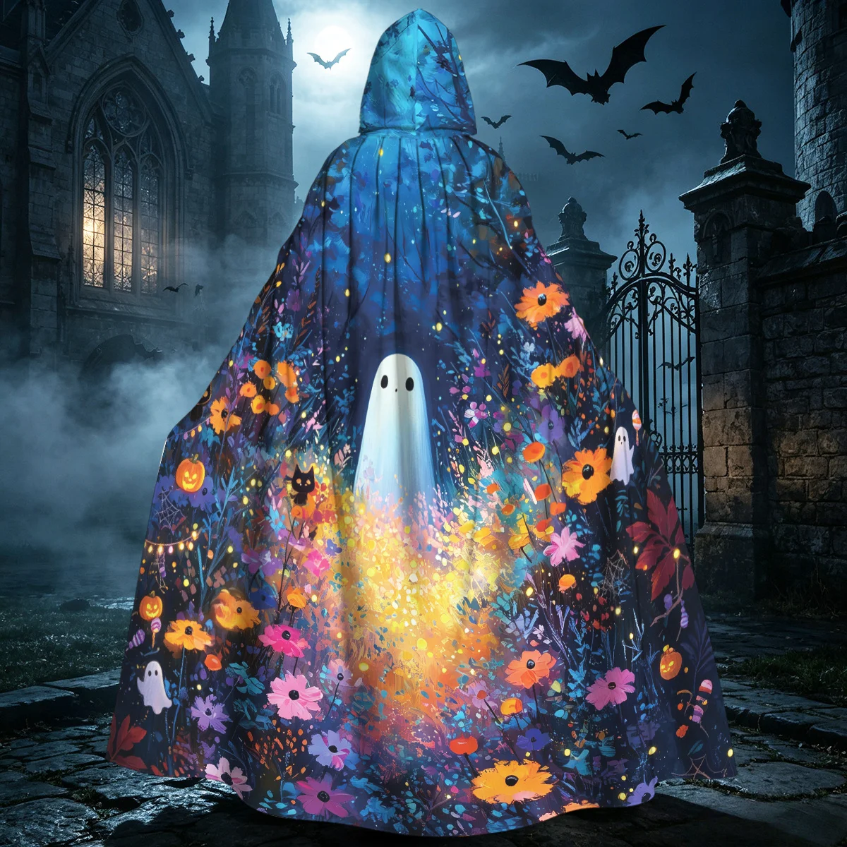 1pc Adult Hooded Cloak Cape with Wildflower,, Jack-o-Lantern & Starry Night Patterns - Witch Wizard Medieval Costume Robe