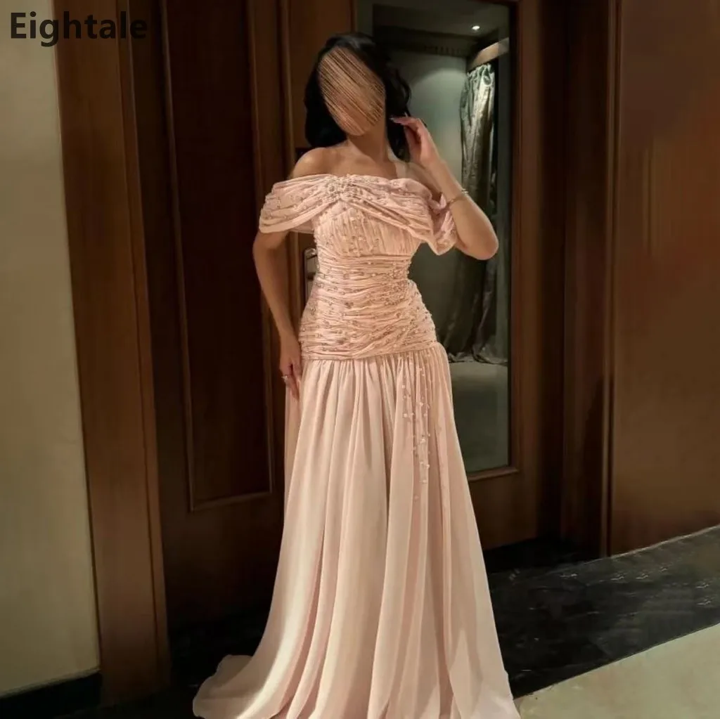 

Eightale 2025 розовое шифоновое вечернее платье макси с открытыми плечами и жемчугом, платье для выпускного вечера в Саудовской Аравии, вечернее платье в Дубае по индивидуальному заказу