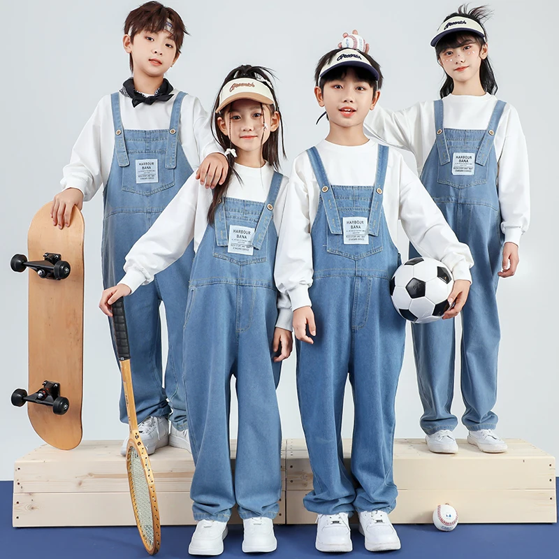 Boys Hip Hop Denim Loose Overalls Girls Sweatshirt Cargo Pants Kids Joggers Child Jumpsuit Street Dance Romper Teen Streetwear