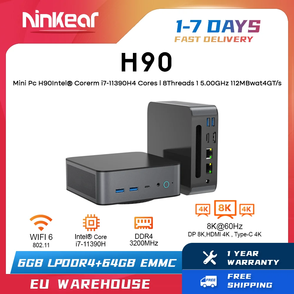 Ninkear H90 MINI PC Intel Core i7 11390H up to 5.0GHz 16GB DDR4 + 512GB SSD WiFi 6 BT5.0 Support 8K Three Screen Windows 11