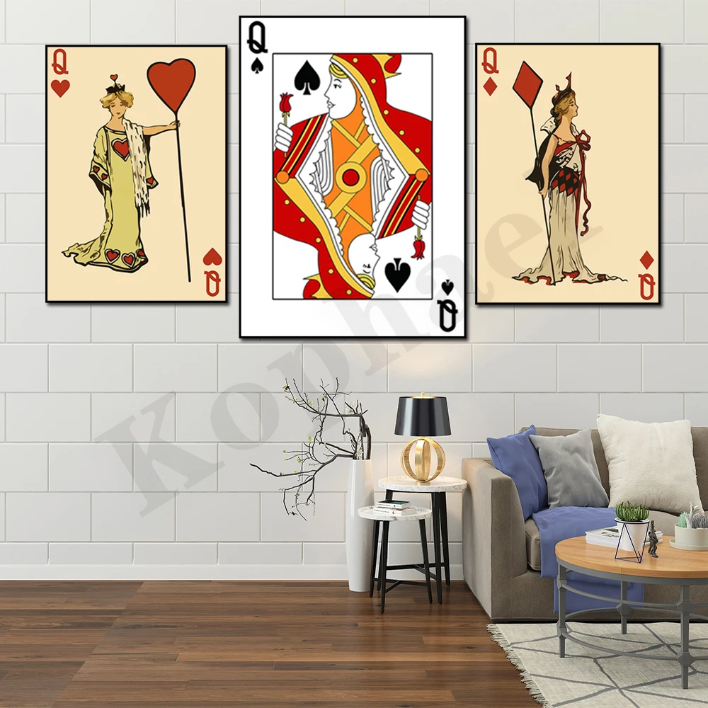 Queen of Spades. Queen of Hearts. Queen of Diamonds. Queen of Clubs. Game Room Home Wall Decor Poster