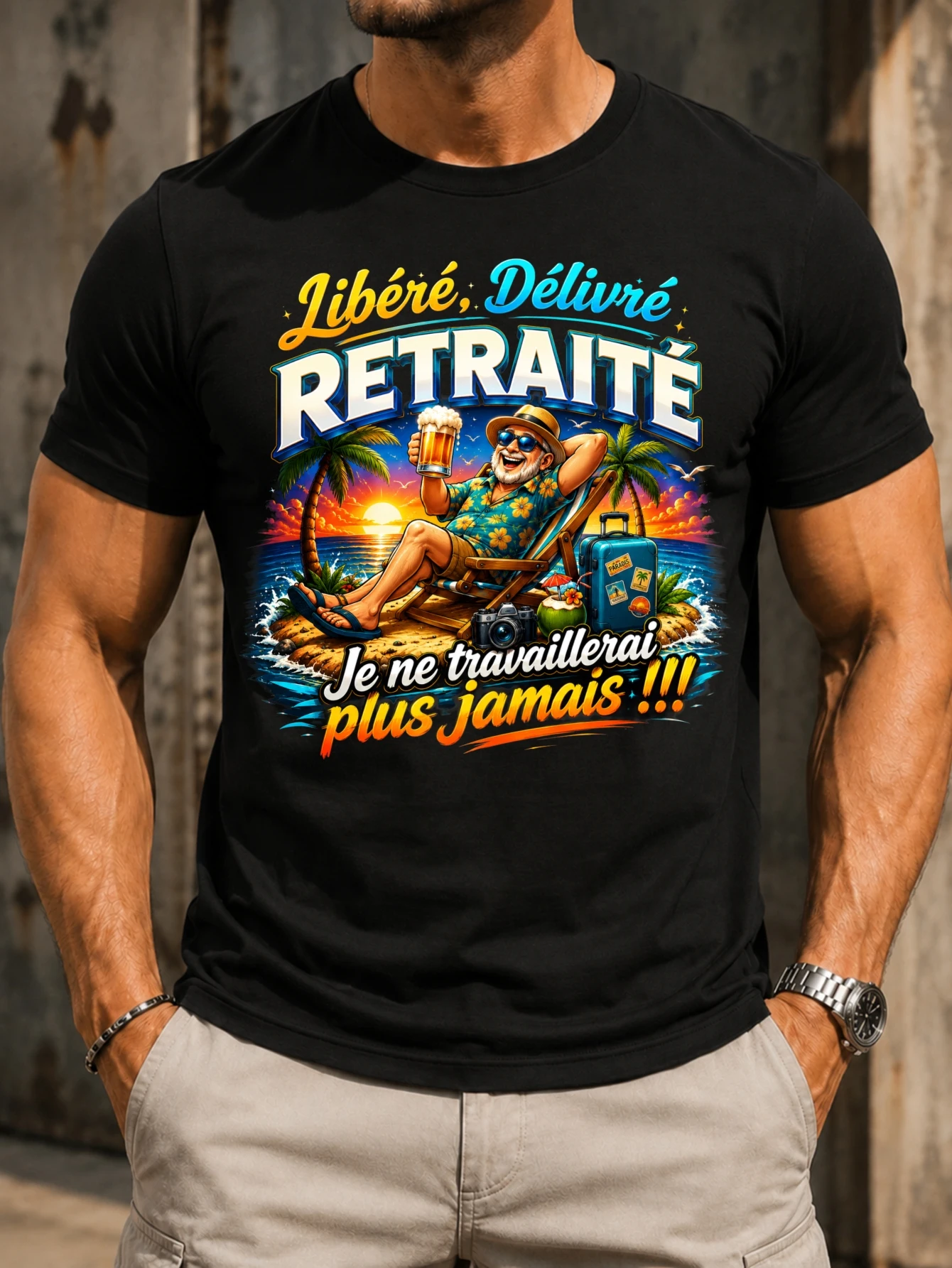 Libere Delivre Retraite Plus Jamais Travailler  sunset beach with palm and waves never work again  Unisex All T-Shirt