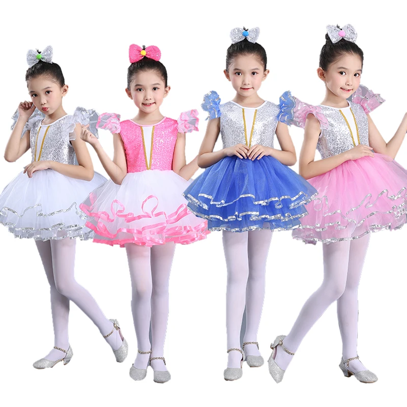 Costume da spettacolo di danza latina per ragazze per bambini gonna da principessa bianca gonna di garza Shaggy con paillettes gonna da spettacolo di danza moderna